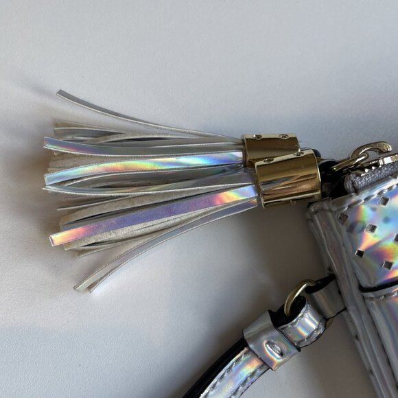 Vintage Y2K Juicy Couture Double Pouch Wristlet Silver Iridescent Zip Top Tassel - Picture 3 of 10